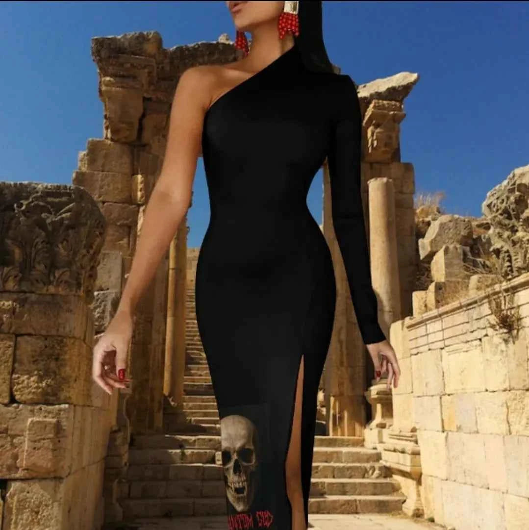 Phantom God Fanged Skull Half Sleeve Slit Dress