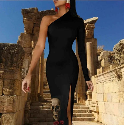 Phantom God Fanged Skull Half Sleeve Slit Dress