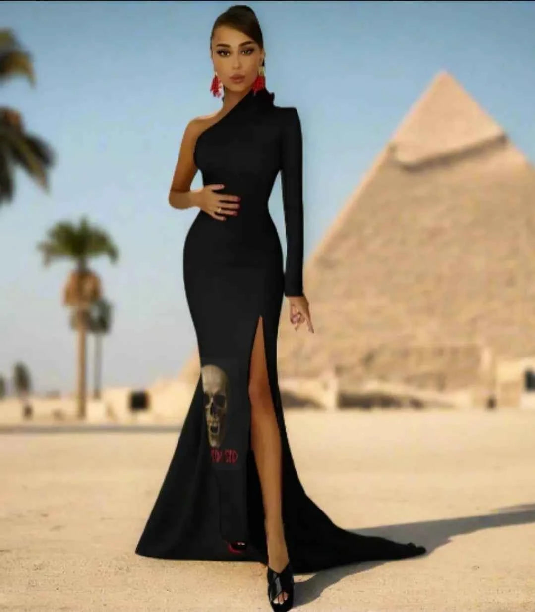 Phantom God Fanged Skull Half Sleeve Slit Dress