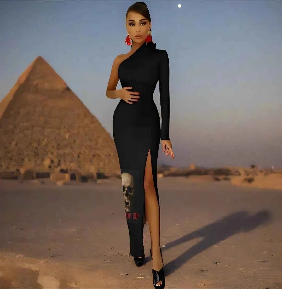 Phantom God Fanged Skull Half Sleeve Slit Dress