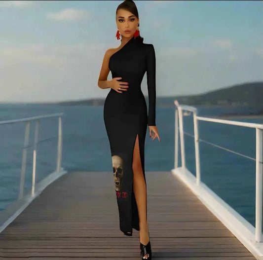 Phantom God Fanged Skull Half Sleeve Slit Dress