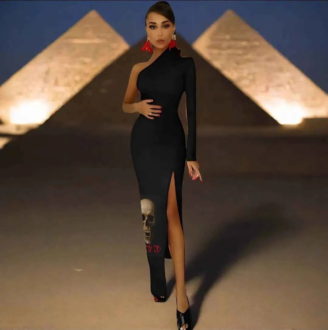 Phantom God Fanged Skull Half Sleeve Slit Dress