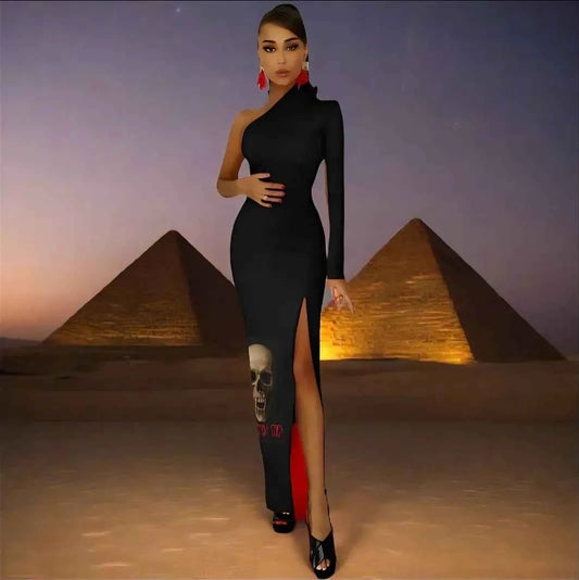 Phantom God Fanged Skull Half Sleeve Slit Dress