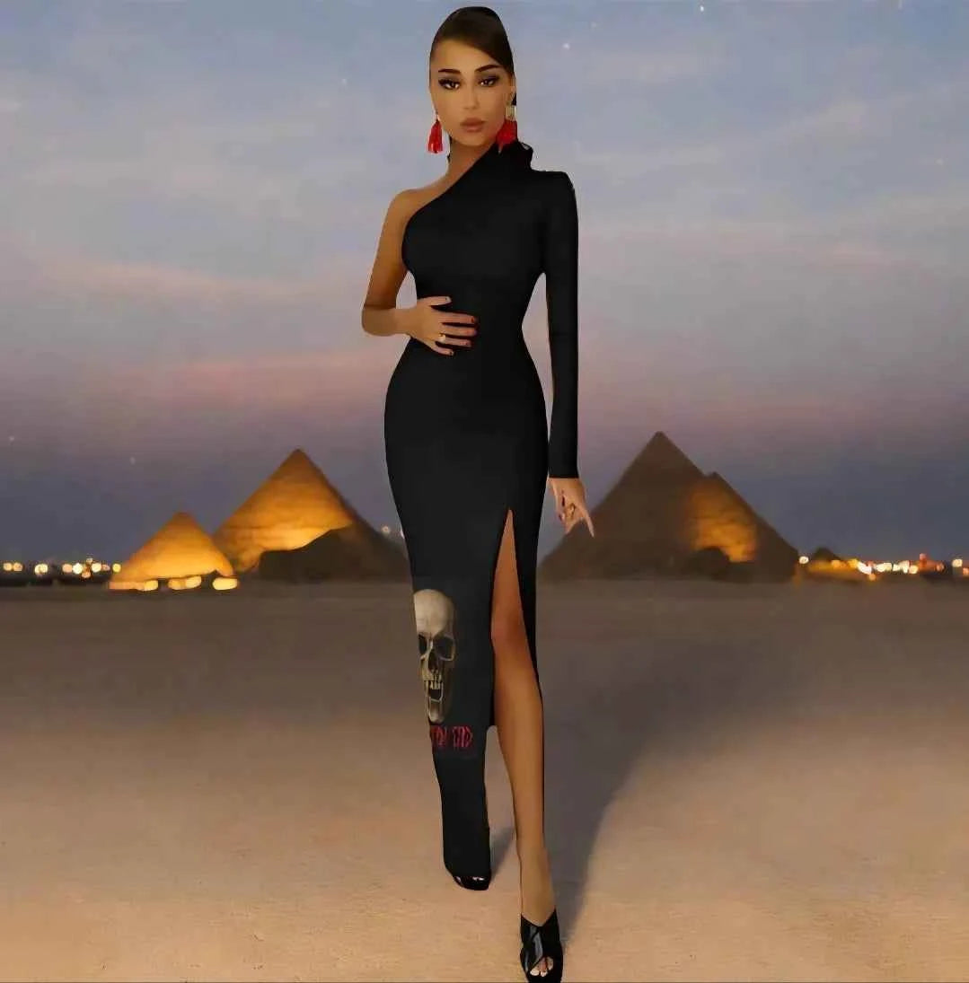 Phantom God Fanged Skull Half Sleeve Slit Dress