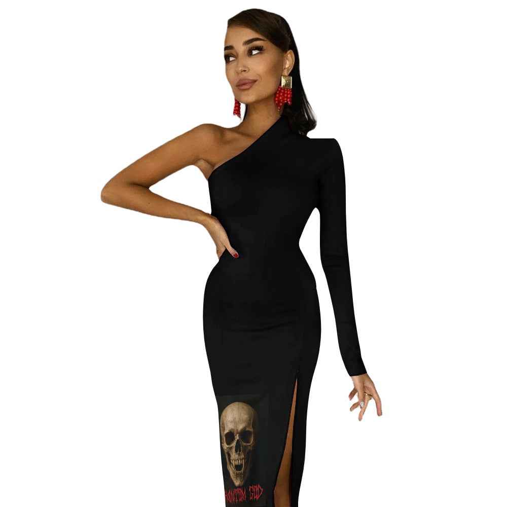 Phantom God Fanged Skull Half Sleeve Slit Dress